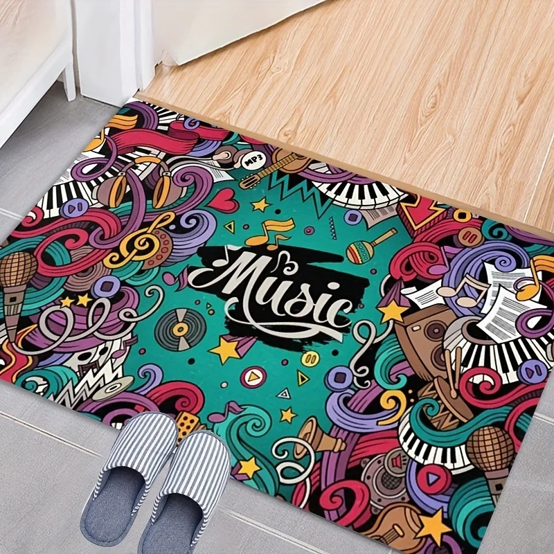 Newest Doormat Colorful Music Note Instrument Graffiti Print Flannel Doormat Non Slip Music Lover Floor Mat