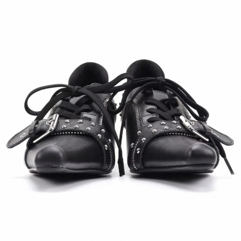 2026 Spring Belt Buckle Rivet Design Kitten Heel Women Pumps Pointed Toe Lace Up Casual Shoes Punk Style Comfort Designer Heels view 4