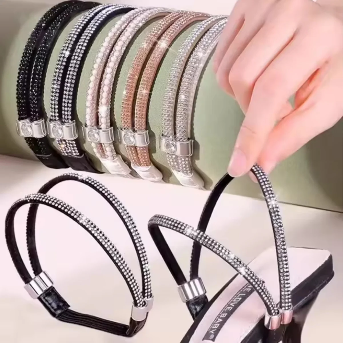 1Pair Rhinestone High Heels Shoes Band Anti-loose Women Diamond Shoelaces Anti-drop Heel Straps Belt Drill Elastic Fixed Belts