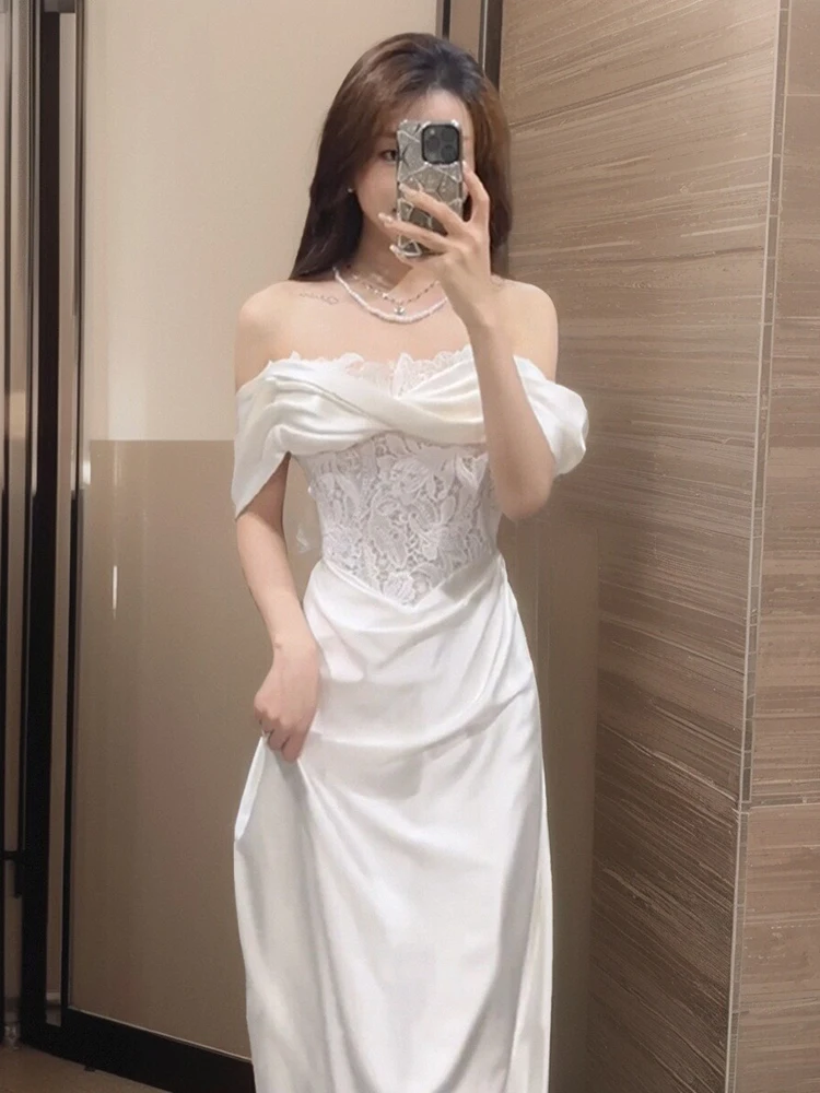 

Ele Lace Fi Tail Wedding Dr Satin Fabric One oulder out Door Gown Simple Forest System High Waist Hotel Indoor