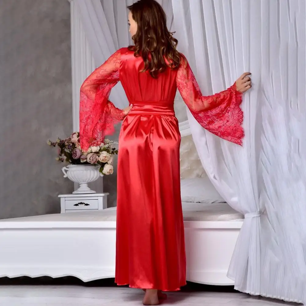 Winter Women Nightgown Adjustable Waist Tie Satin Hollow Lace Sleeves Lady Night Robe Imitation Silk Solid Color Nightdress