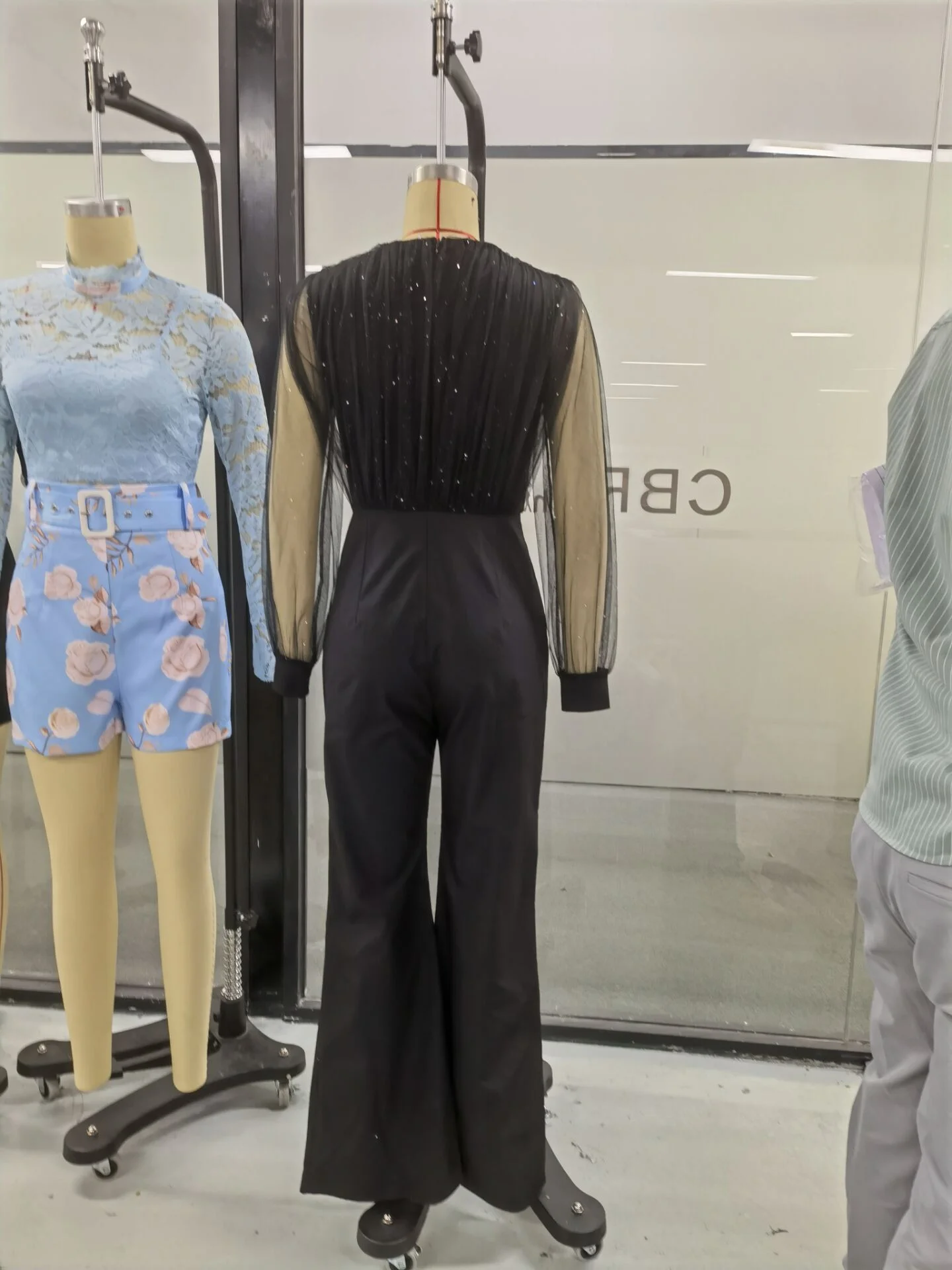 Nữ Của Jumpsuit 2022 Thời Trang Thu Đông Tương Phản Lưới Tay Dài Trơn Cổ Chữ V Đảng Bộ Jumpsuit Dài