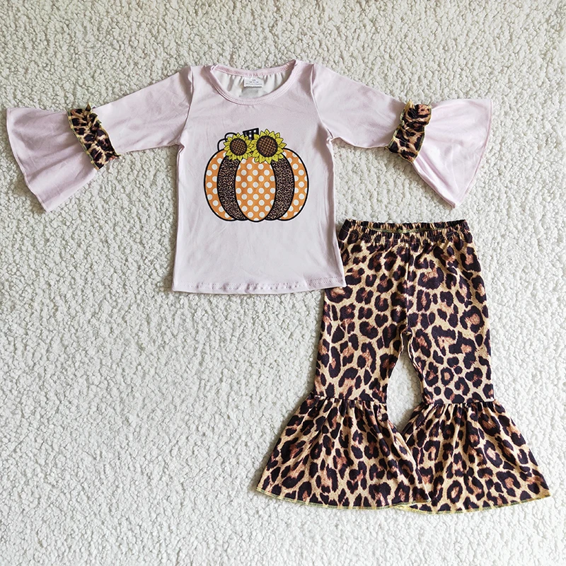 

Baby Girl Pumpkin Sunflower Clothes Toddler Pink Long Sleeve Leopard Bell Pants Infant Fall Outfit Children Kid Thanksgiving Set