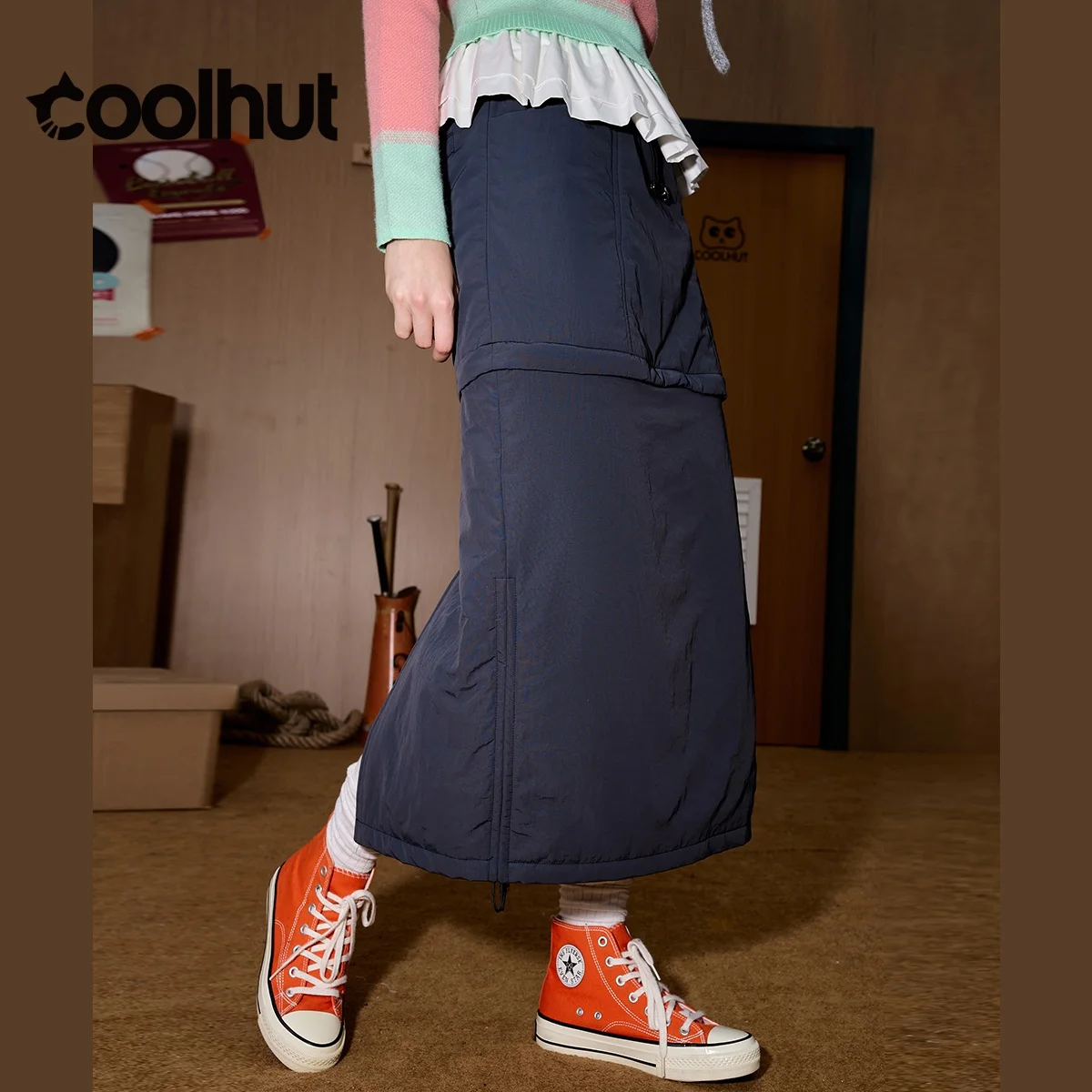 COOLHUT femmes utilitaire ourlet fendu jupe taille haute coupe droite hiver vêtements de travail Denim poches détachable automne hiver jupe