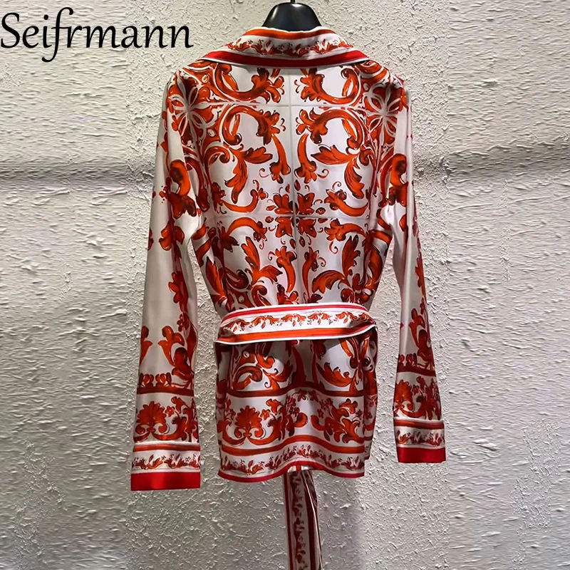 Seifrmann Casual printed silk shirt lapel long-sleeved single-breasted lace-up shirt 2026 autumn women's new style