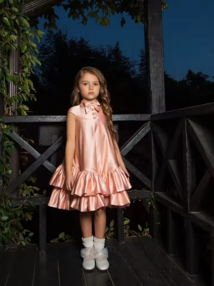 Customized Lovely Pink Flower Girl Dress for Wedding With Bow Knee Length Layered First Communion Ball Birthday Party Gowns