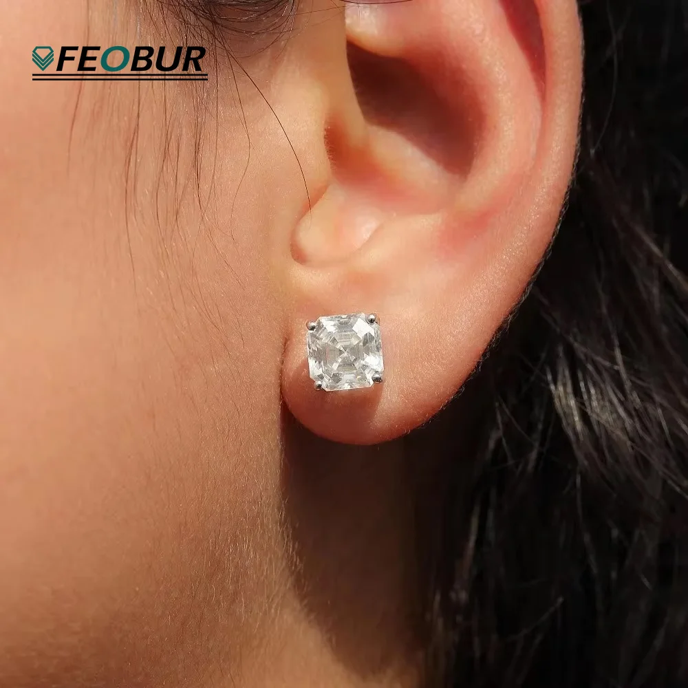 

1/2/2.5CT D Color Moissanite Asscher Cut Stud Earrings for Women Silver S925 Sparkling Square Solitaire Lab Diamond Ear Studs