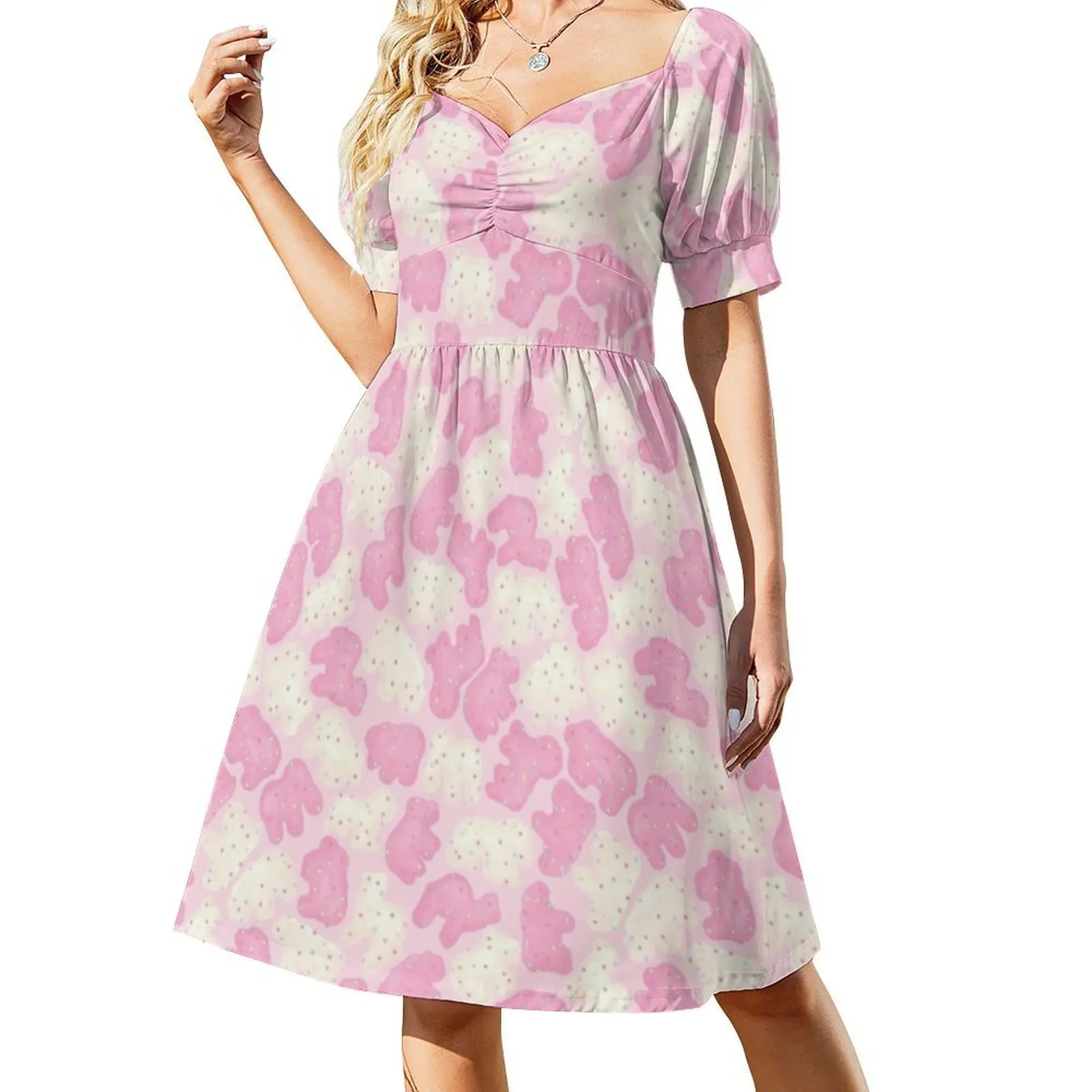 Frosted Animal Cookies On Pink Sweetheart Neckline Dress Elegant Summer Party Dress For Women Animal Crackers Cookies Nineties view 2