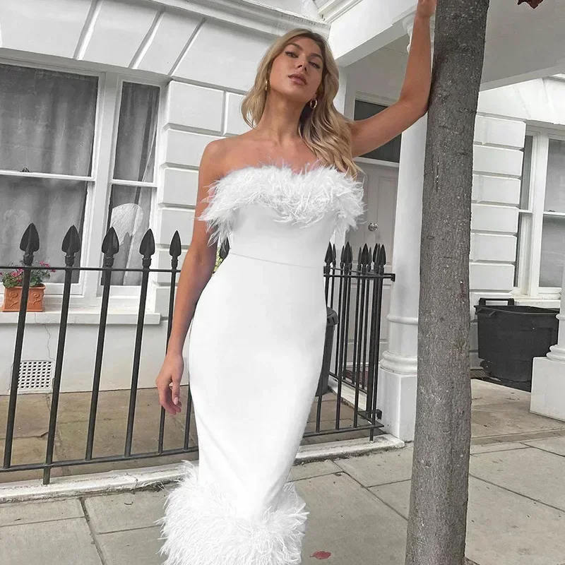 Bangniweigou Party Hairy Tube Dress Off Shoulder Elegant Split Midi Prom Robe Women Birthday Pink White Black Evening Attire