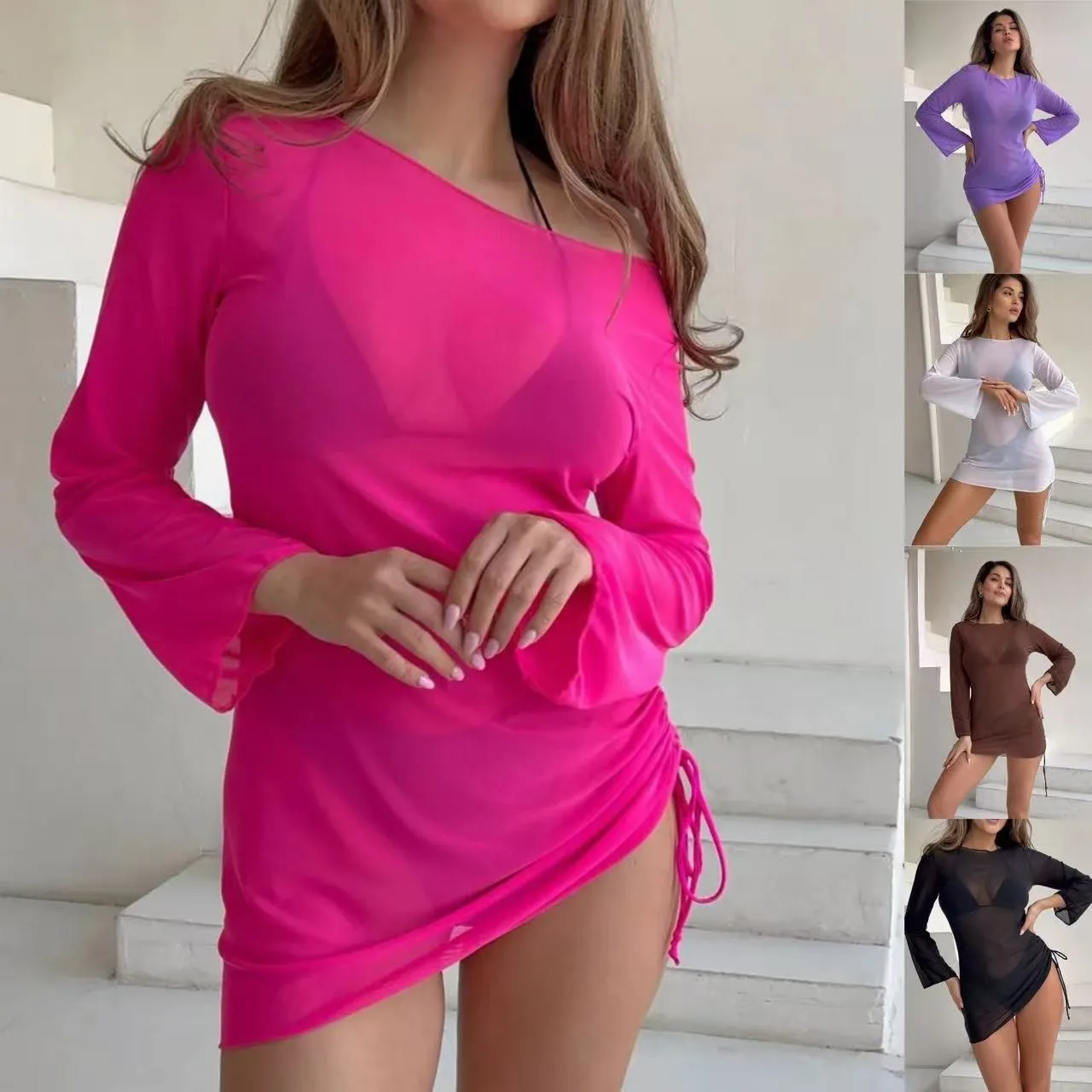 

Women's Cover-up Sheer Mesh Dress Long Sleeve Beach Ruched Side Drawstring Waist Swim Mini Length Solid Cover