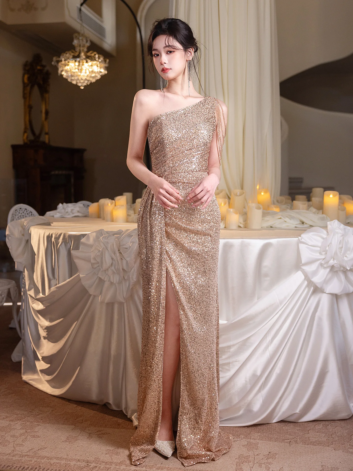 

Элегантное золотое вечернее платье для женщин, роскошное, с юбкой-русалкой, для важных мероприятий, красивое, в корейском стиле, расшитое бисером, средней длины