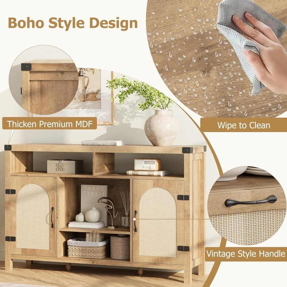 52" Rattan Sideboard Buffet Cabinet with Storage and Wine Racks, Farmhouse Kitchen Buffet Cabinet with Drawer, Boho Coffee Bar w