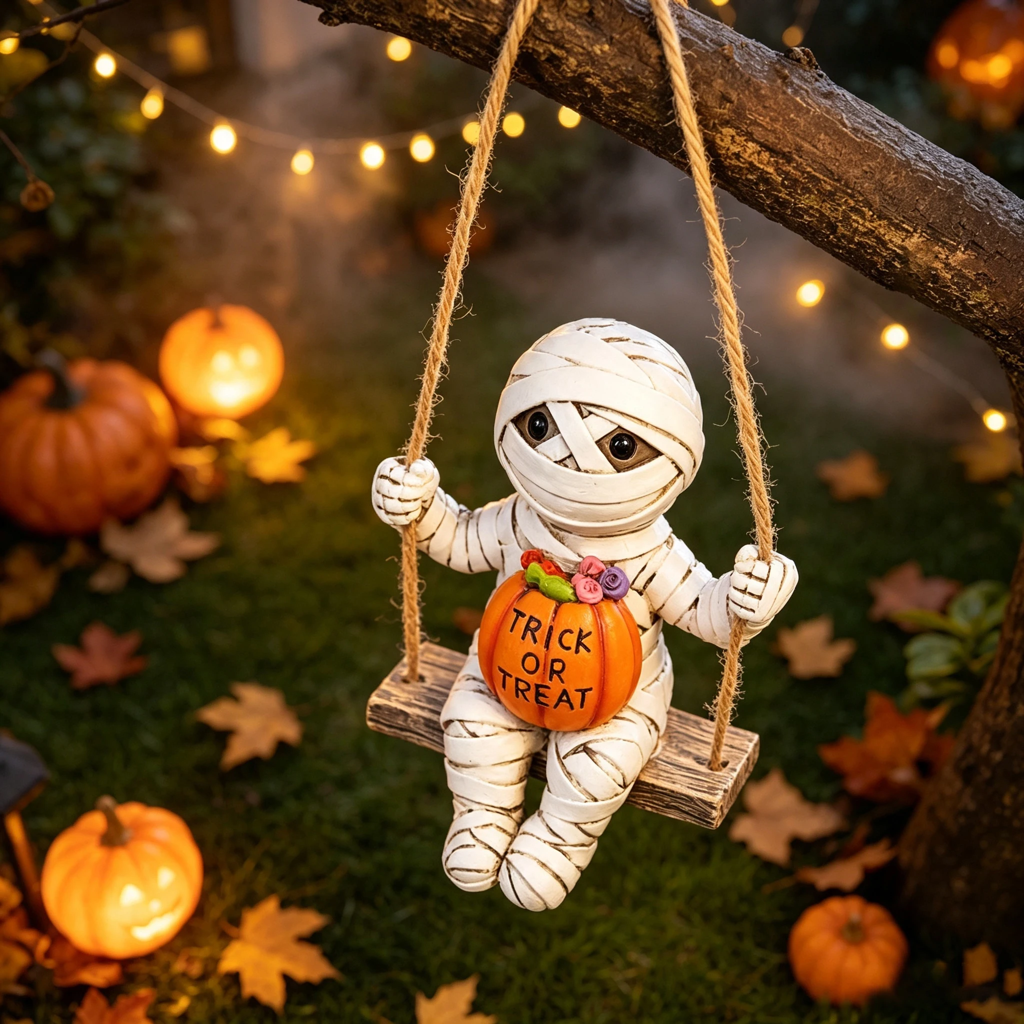 Cute Swing Mummy Figurine With Pumpkin, Halloween Resin Hanging Ornament For Yard Tree Home Holiday Decor