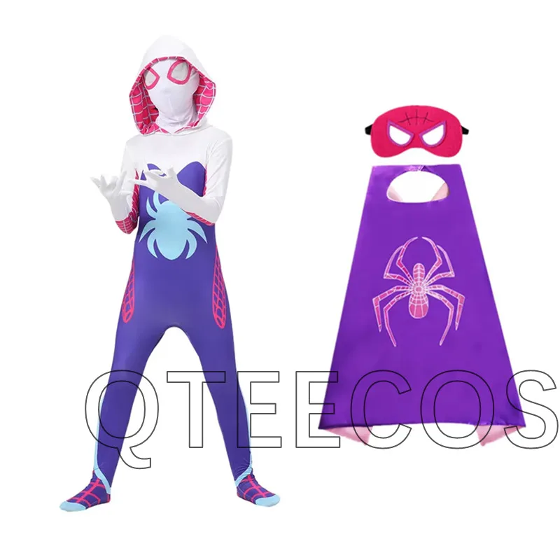 

Gwen Cosplay Costume Spider Man Superhero Bodysuit Jumpsuits Halloween Christmas Clothes Mask Purple Cape Cloak