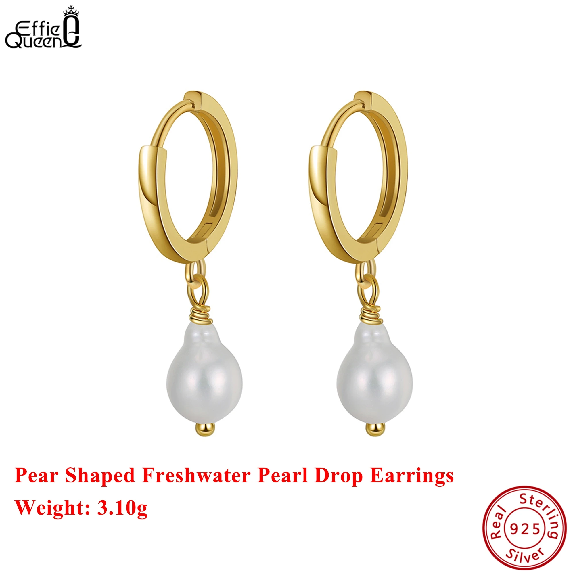 

Effie Queen 925 Solid Sterling Silver 14k Gold Pear Shaped Freshwater Pearl Drop Earrings Simple Jewelry for Women Banquet GPE15