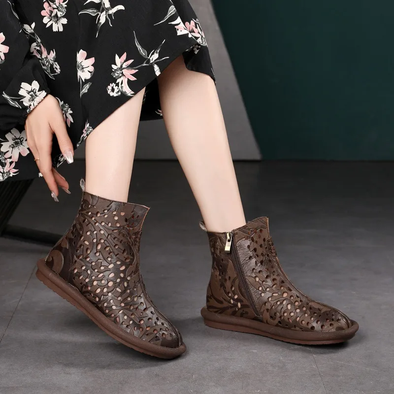 Birkuir Original Retro Chinese Style Hollow Out Ankle Boots For Women Genuine Leather Flats Shoes Luxury Shoes Zipper Boots