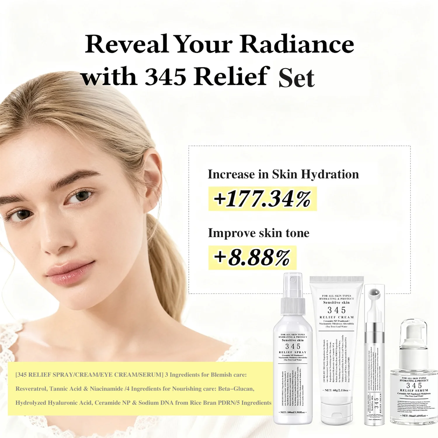 345 Relief Skincare Set 4PCS - With Ceramide, Panthenol & Niacinamide - Hydrate & Soothe Sensitive Skin