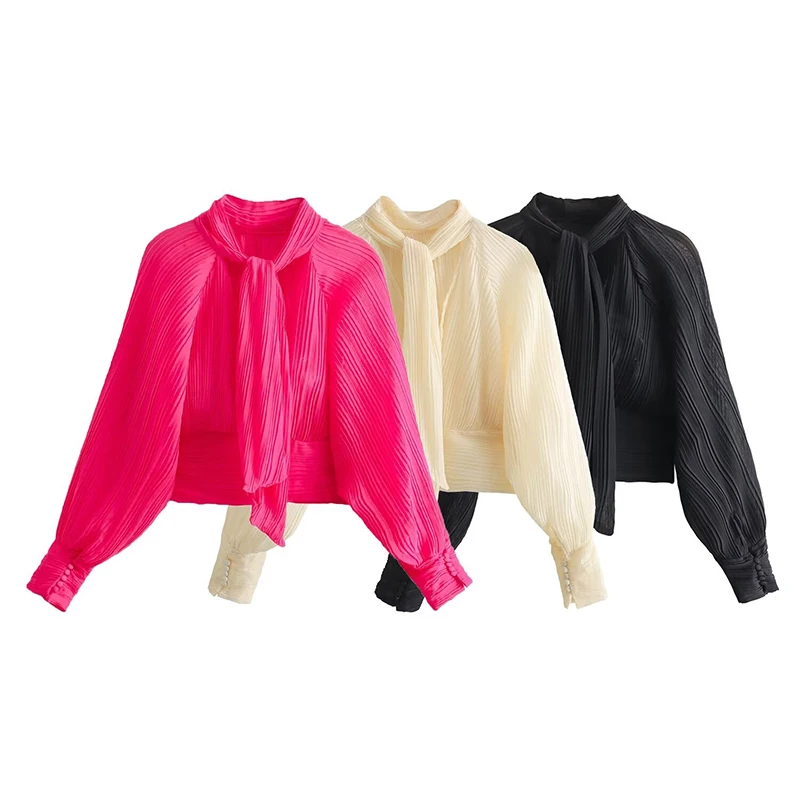 

Женская плиссированная блузка с бантом на воротнике, с длинным рукавом