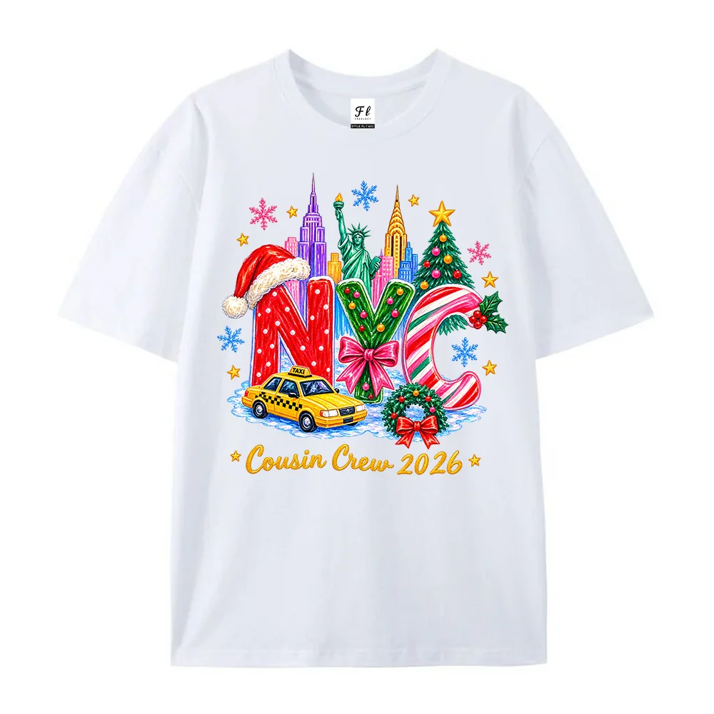 Women NYC Cousin Crew 2026 Christmas T Shirt New York Xmas Graphic Tee Short Sleeve Casual  Loose Cotton Tops