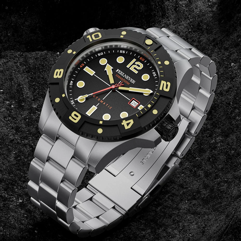 FeelNever Profession Dive Sport Mechanical Watches 316L Stainless Steel Sapphire Crystal 50Bar Auto Date Wristwatch reloj hombre view 6