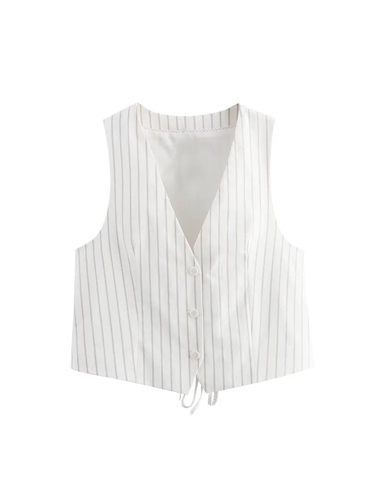 

2024 new style women's clothing gentleman style V-neck single-breasted slim waistcoat short retro striped vest vest