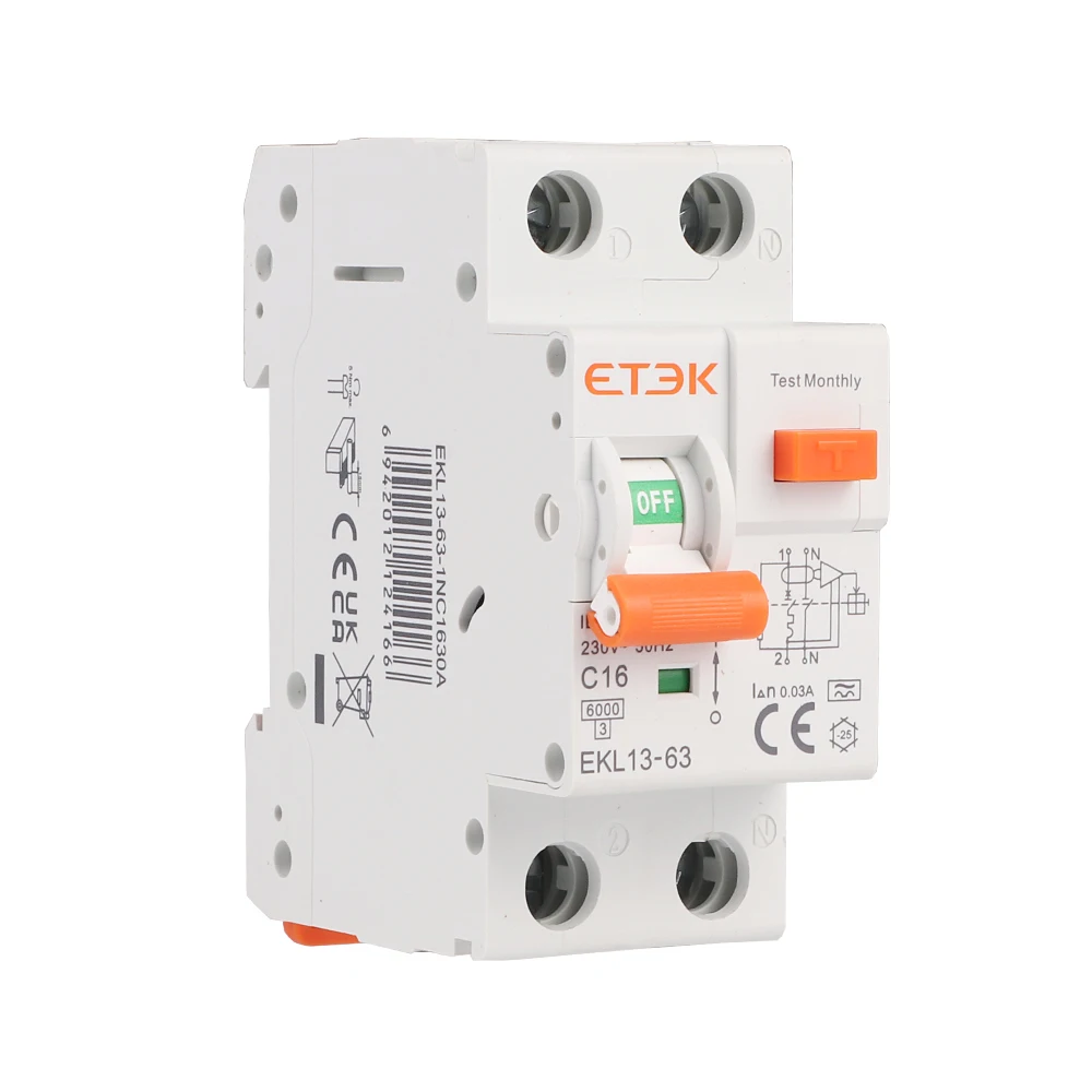 ETEK Low Voltage A Type 30mA 2P Residual Current Circuit Breaker MCB 230V Overload Short Current Leakage Protection RCBO EKL13