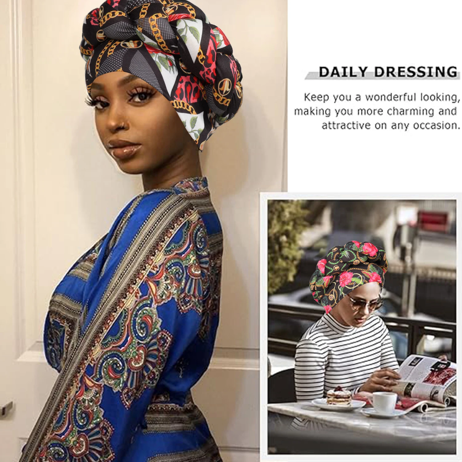 African Big Braid Pre-tied Turban Cap Printing Classic Head Wrap Elastic Bonnet Beanie Chemo Hats For Women