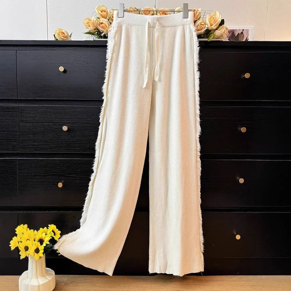 Casual gebreide broek met wijde pijpen Dames hoge taille Drapey losse rechte vloerlengte broek met gerafelde randen Design Sensation