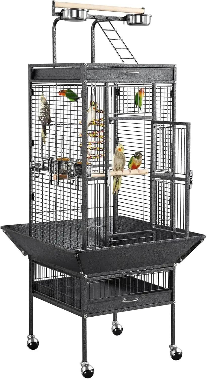 61-inch Playtop Wrought Iron Large Parrot Bird Cages with Rolling Stand for Cockatiels Amazon Parrot Quaker Conure Parakeet