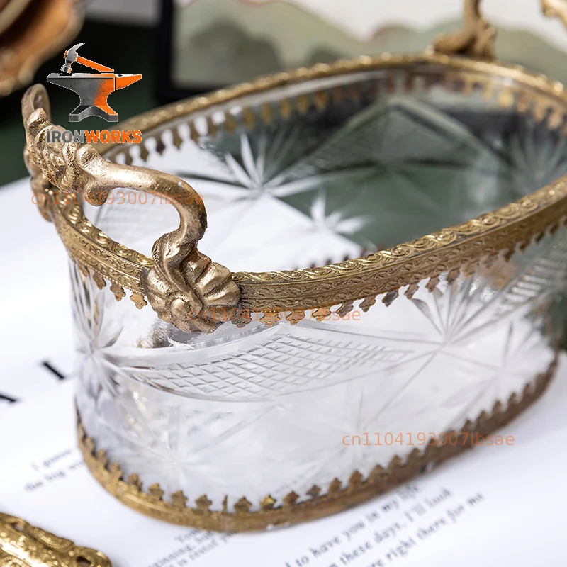 European imported brass with carved glass light luxury jewelry makeup pen storage box dry fruit snack plate