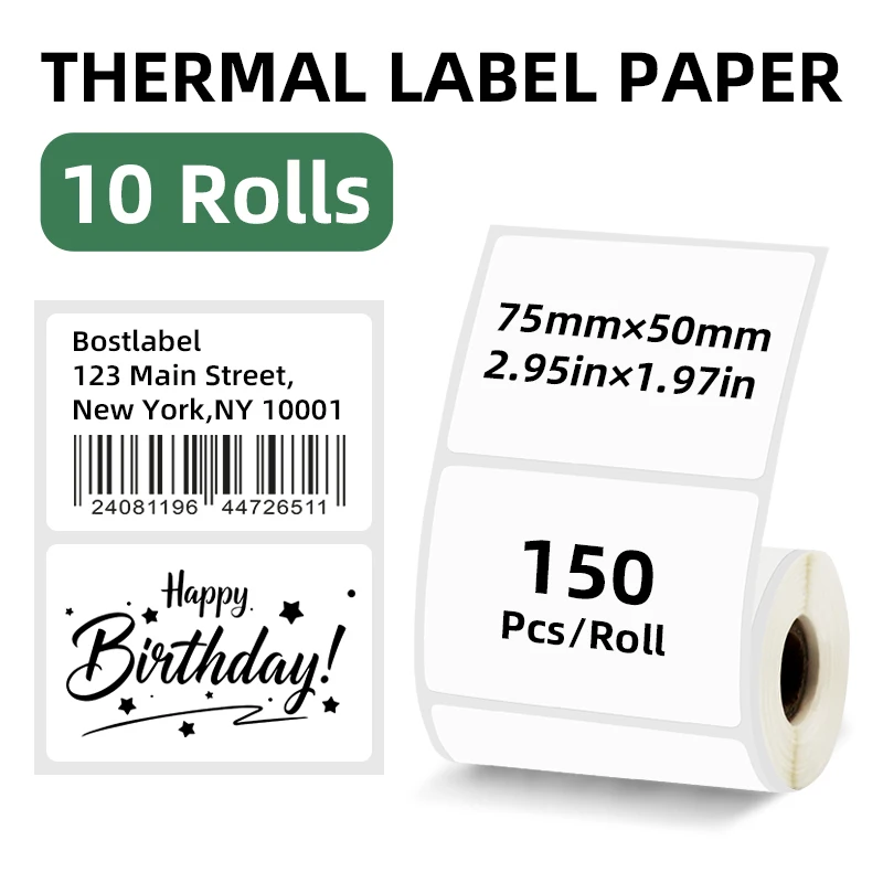 10 Rolls of Thermal Labels, 75 X 50mm, 150 Labels/Roll, Self-Adhesive Labels Suitable for B1 / B21 / B3S Label Printers, Suitable for Clothing, Jewelry, Postal Sending, Barcodes, and Small Businesses
