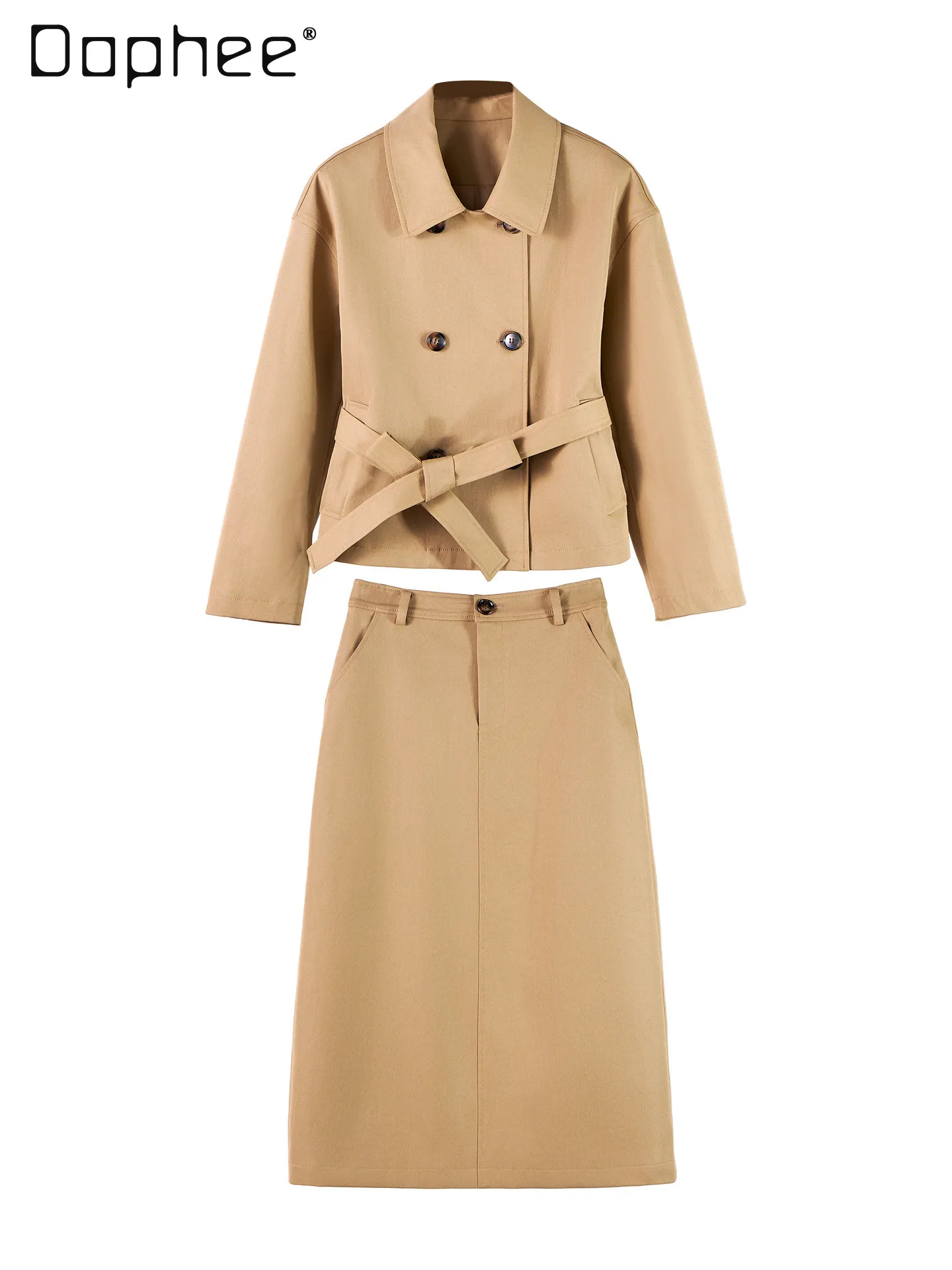 

Temperament British Style High-end Trench Coat Sets Fashion Double-breasted Belt Slim Fit Short Trench Coat Skirt Two-piece Set