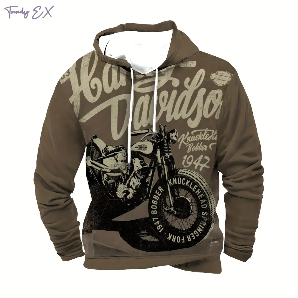 Men's Sweatshirt Vintage Motorcycle Print Street Fashion Graphic Hoodies Comfort Pocket Long Sleeve Oversized Hoodie Clothing