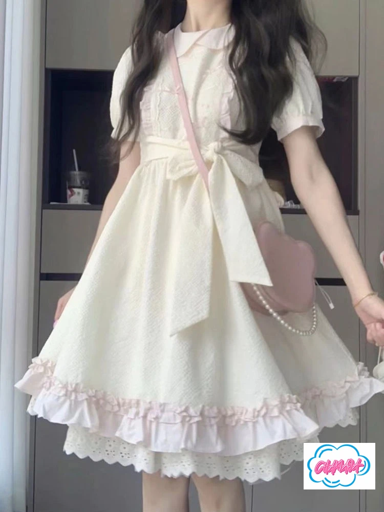 2025 verão doce estilo universitário arco cinta boneca colarinho lolita vestido feminino cintura e fina borda de folha de lótus fofo vestido de princesa