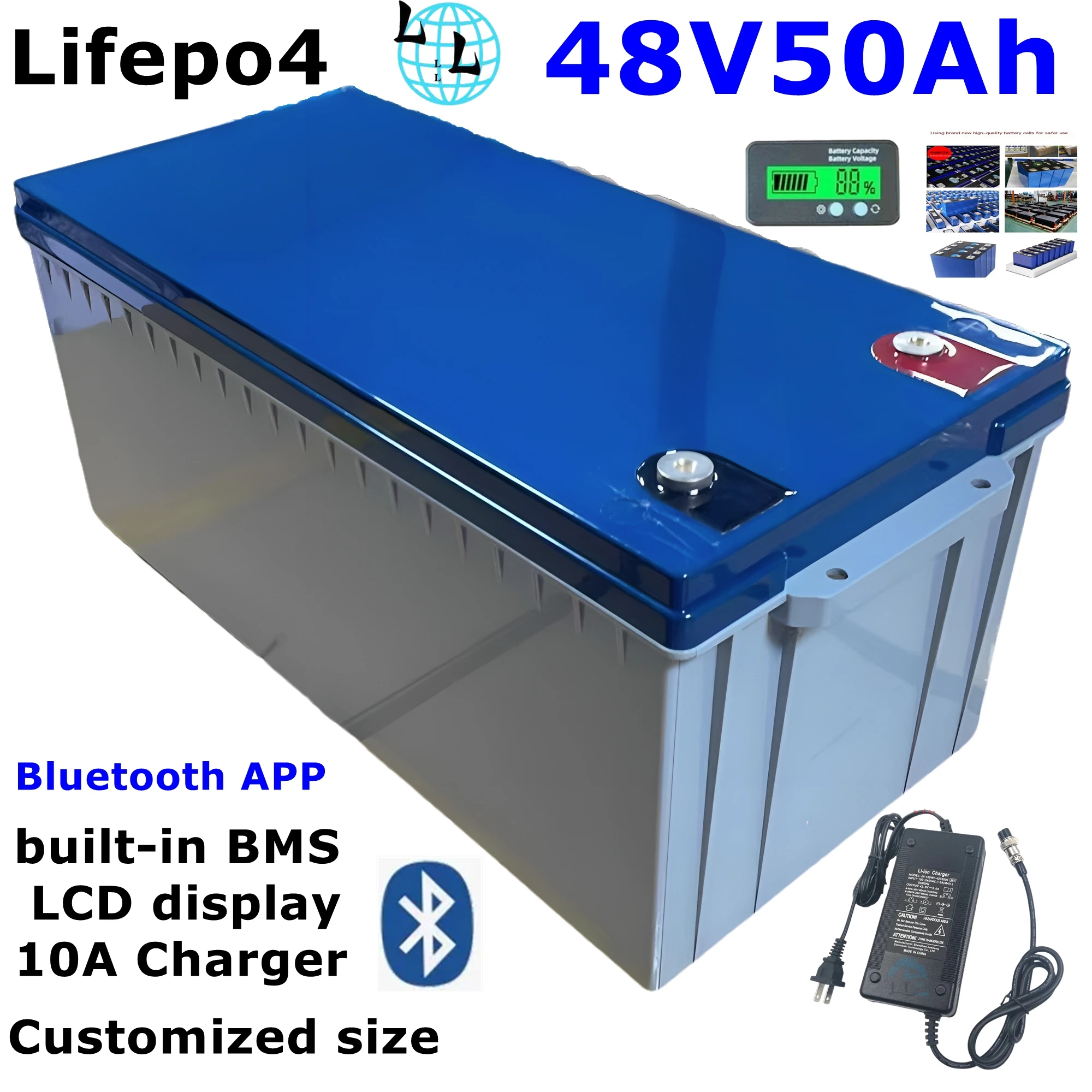 48v 100AH lifepo4 lithium batterry with bluetooth APP for 3000W tricycle inverter Solar energy storage scooter + 10A charger