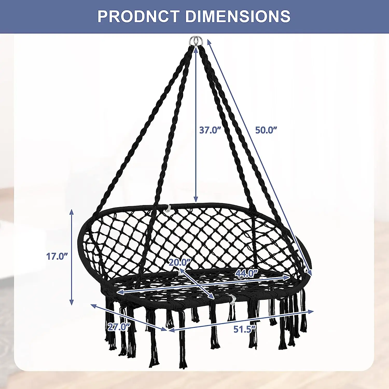 Hammock Chair Handmade Macrame Swing Chair with Hanging Hardware Kits, Bohemian Style Cotton Rope for outdoor 450lbs Capacity