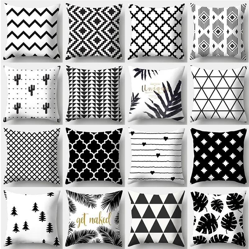 

Black and White Pillowcase 45cmX45cm Square Sofa Pillow Cover Stripes and Leaves Pattern Cushion cover