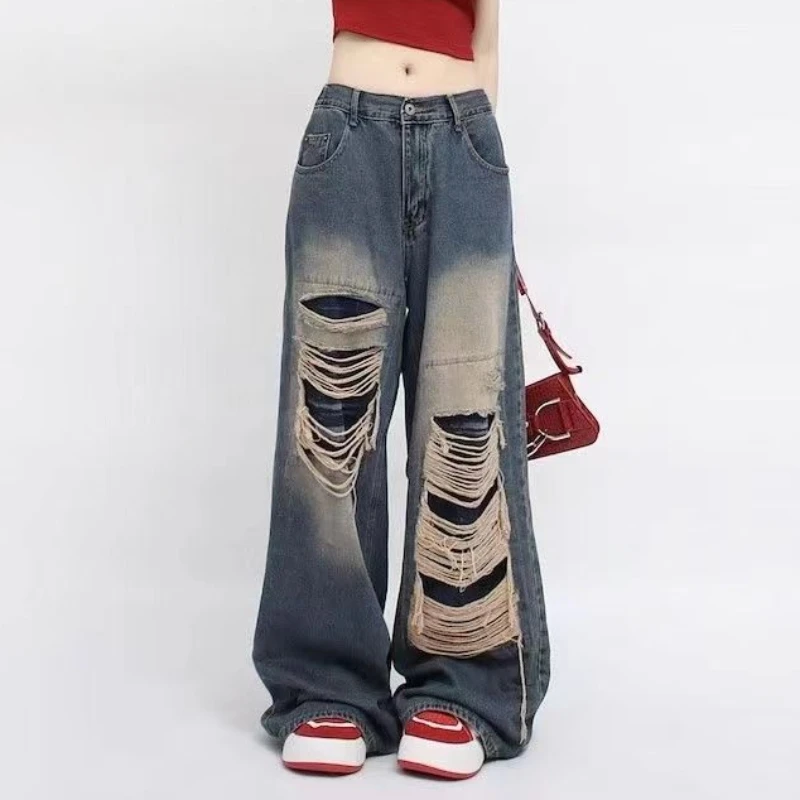 Imagem -03 - Calça Jeans Rasgada de Cintura Alta Feminina Calça Simples Calça Reta Chique Rua Americana Solta Moda Outono Lazer Novo Todos os Fósforos Hot Girls