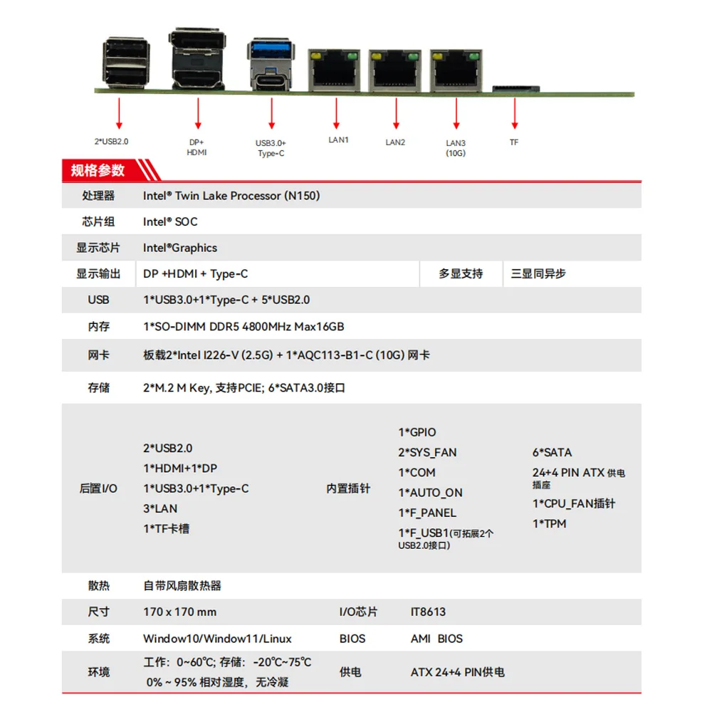 6-Bays N150/N97 NAS Motherboard 10G LAN Port DDR5 6 SATA 3.0 I226 2.5G Mini ITX 17x17CM 2* M.2 With DP HDMI NAS Board