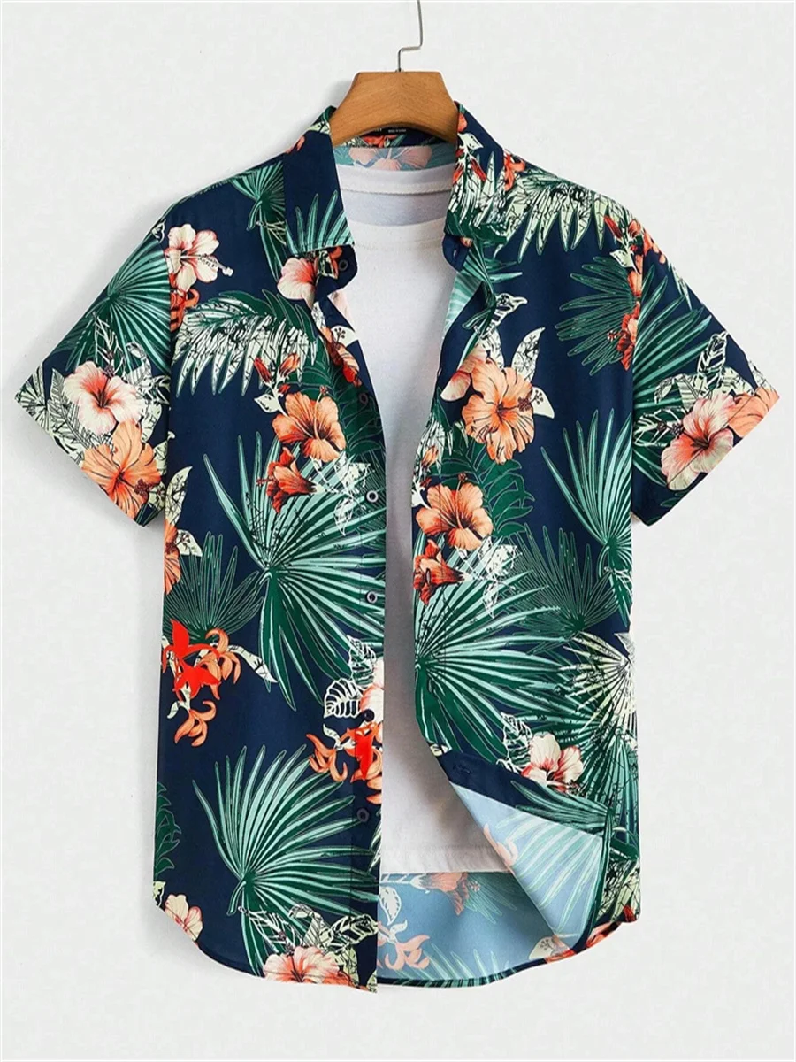 Hawaiian Botanical Floral Print Unisex Short Sleeve Lapel Seaside Button-Down Shirt Men's Tops Casual Fashion Shirt