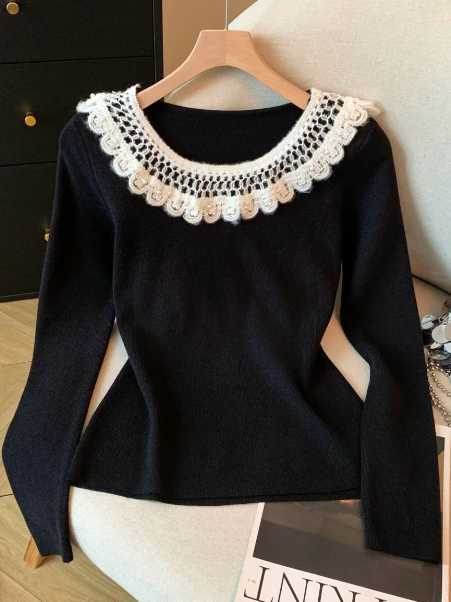 Premium-Design-Strickpullover für Damen, Herbst und Winter, Innenbekleidung, Basisschicht, mit Perlen verziert, Rüschenkragen, selbstklebend