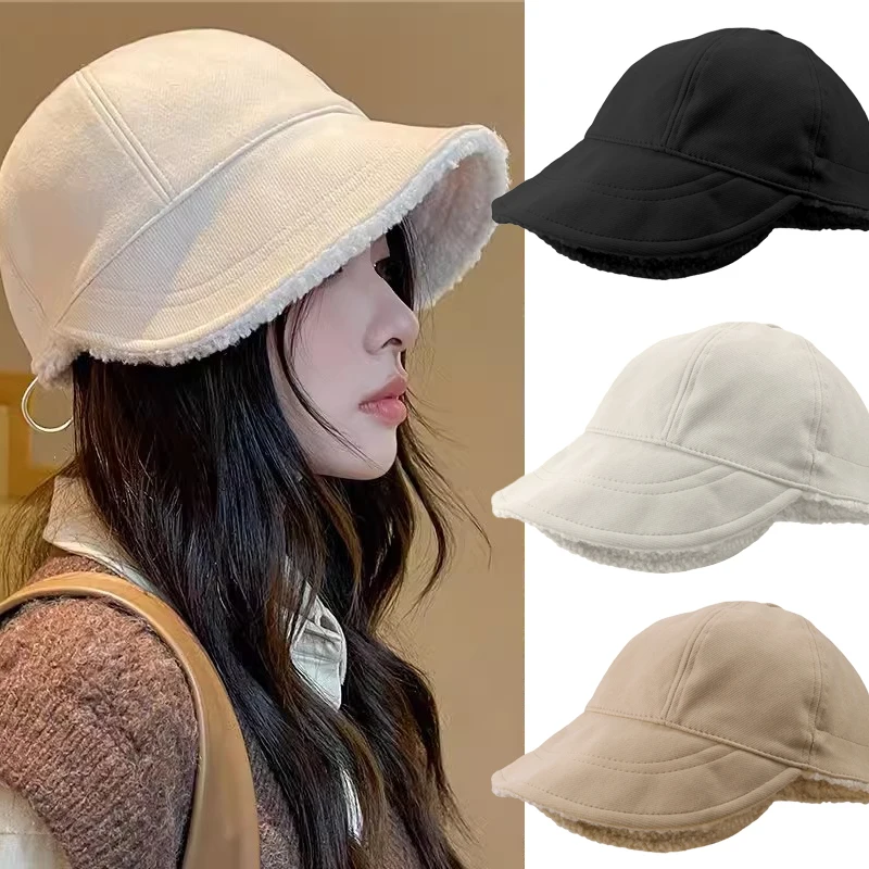 Winter Double-sided Wearing Bucket Hat for Women Lamb Wool Hat Solid Fleece Warm Fisherman Hats Female Casual Basin Caps 2023