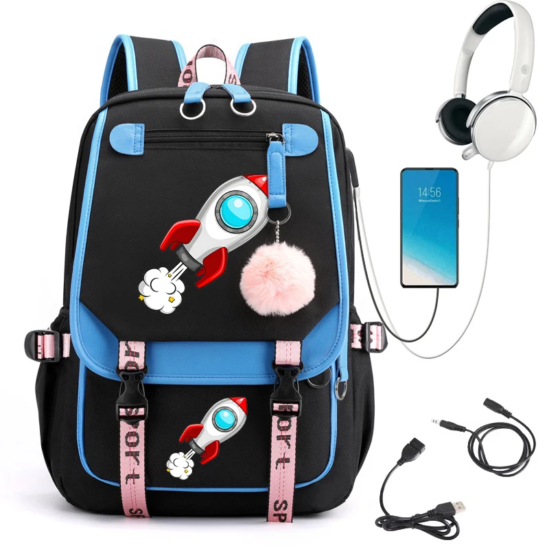 Weltraum rakete Cartoon Rucksack Taschen für Mädchen Sekundarschule Bagpack College-Student Teenager Bücher tasche USB-Lade rucksack