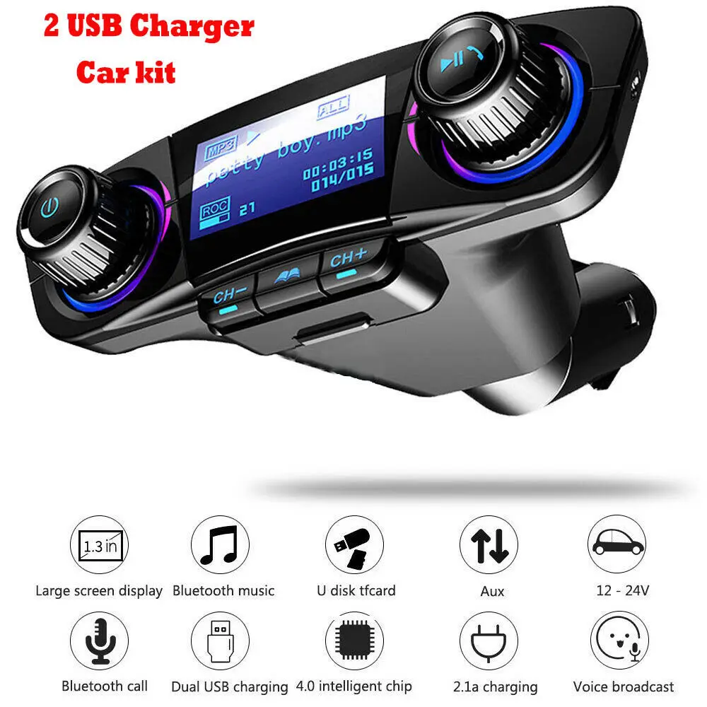 Auto Wireless Handsfree Car FM Transmitter Kit MP3 Player Double USB Charger AUX Car Bluetooth  Audio  Aux LED Screen