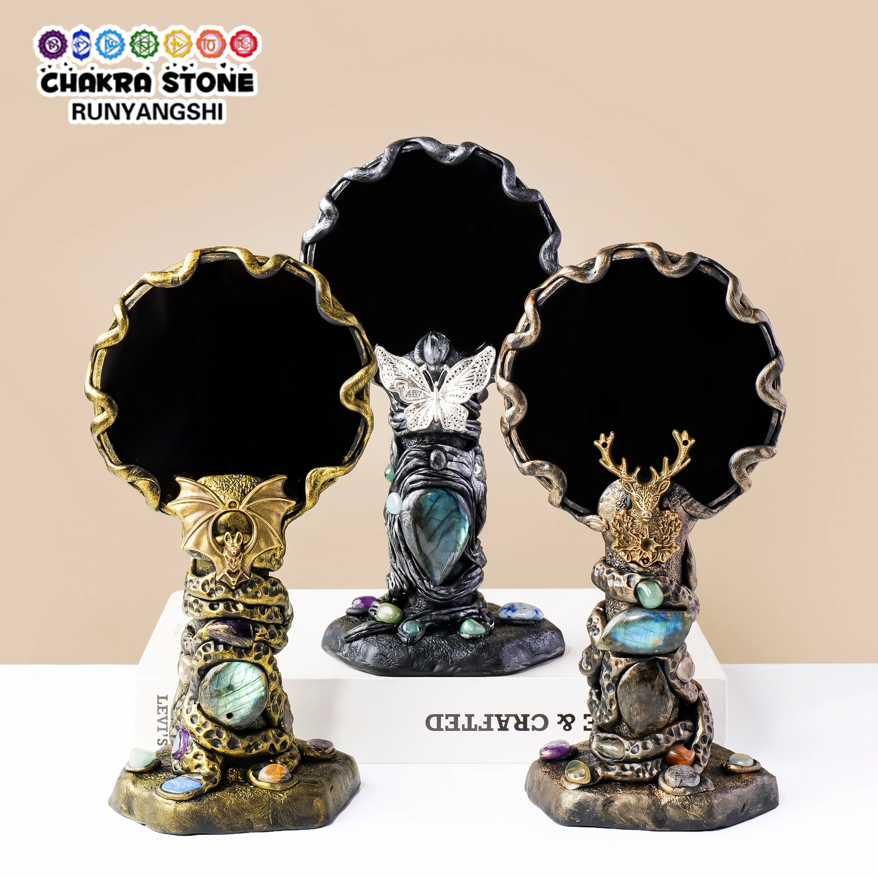 1pc Handmade Crystal Craft Resin Figurine, Obsidian Mirror Tabletop Ornament, Gold Silver Bronze Tone Home Desktop Decor