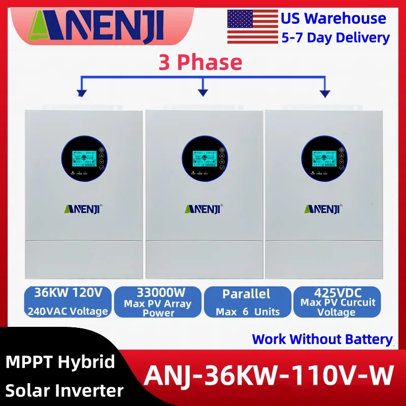 ANENJI 3 Phase 36KW 110v 120v 12KW Split-phase Solar Inverter 48v Built-in 200A MPPT Solar Charger For Home Storage Energy