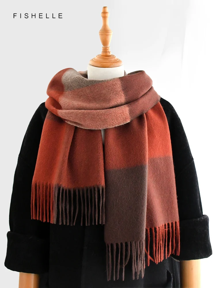 Kırmızımsı kahverengi ekose % 100% Kaşmir eşarp kış kadın eşarplar yüksek kaliteli kadın sarar yumuşak sıcak şal ince bayan lüks hediyeler