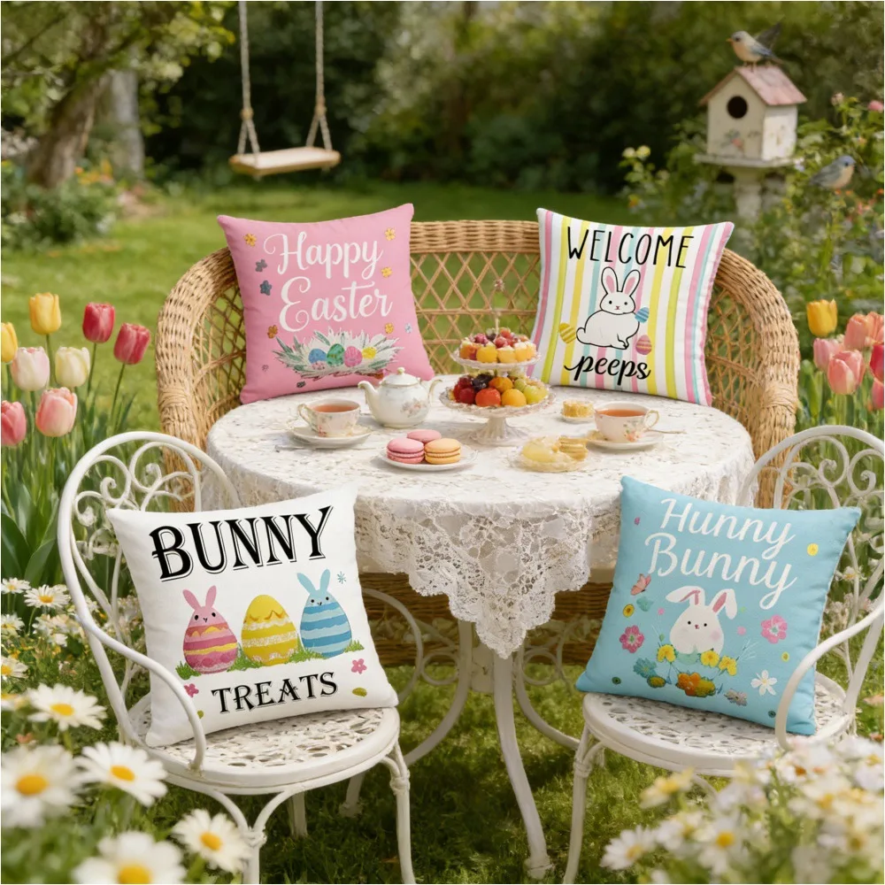 Easter Bunny Egg Print Pillow Cover Cartoon Home Decor Holiday Cushion Case Cross Border New
