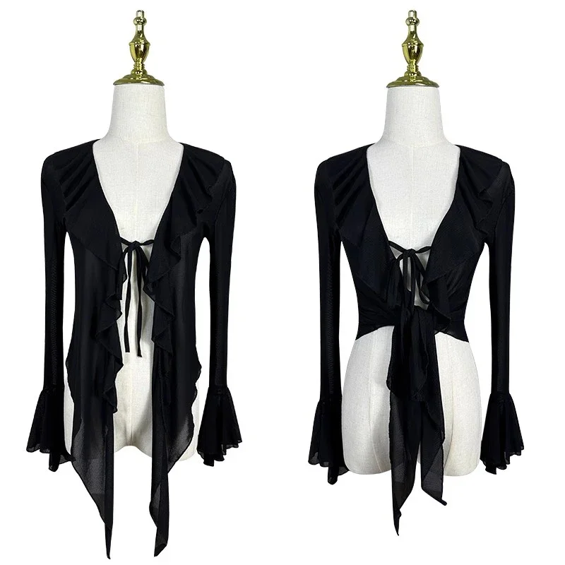 

Latin Dance Tops Black Long Sleeves Mesh Cardigan Women Practice Clothing Cha Cha Rumba Samba Dance Training Wear Coat DNV18603