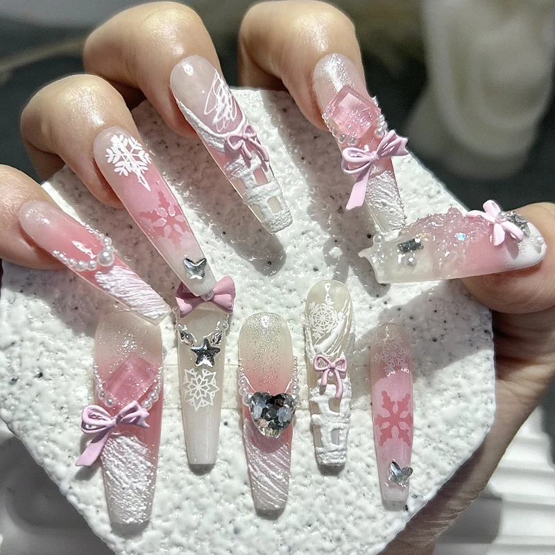 Cute 3D Bow Blush Pink Handmade Press On Nails Glitter Diamond Checkered Princess Reusable Fake Nails Girly Kawaii Long Nail Art